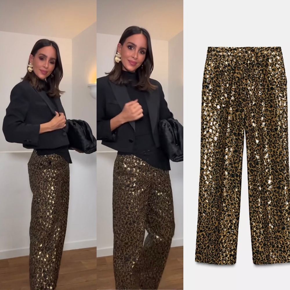 ZARA ANIMAL PRINT SEQUIN STRAIGHT LEG PANTS